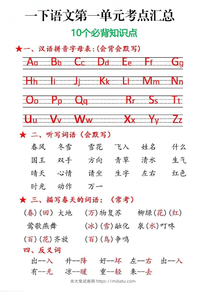 一下语文第一单元10个必备知识点-米大兔试卷网