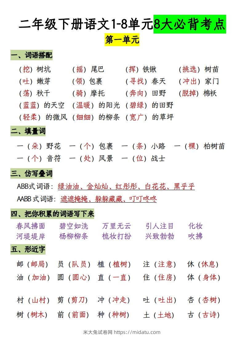 二下册语文1-8单元8大考点必背（1-4单元）(1)-米大兔试卷网