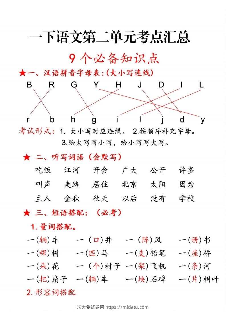 一下语文第二单元10个必备知识点-米大兔试卷网