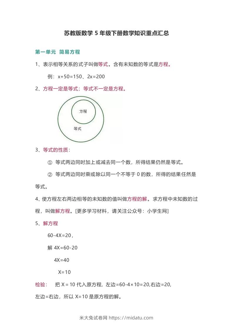 苏教版数学5年级下册数学知识点-米大兔试卷网