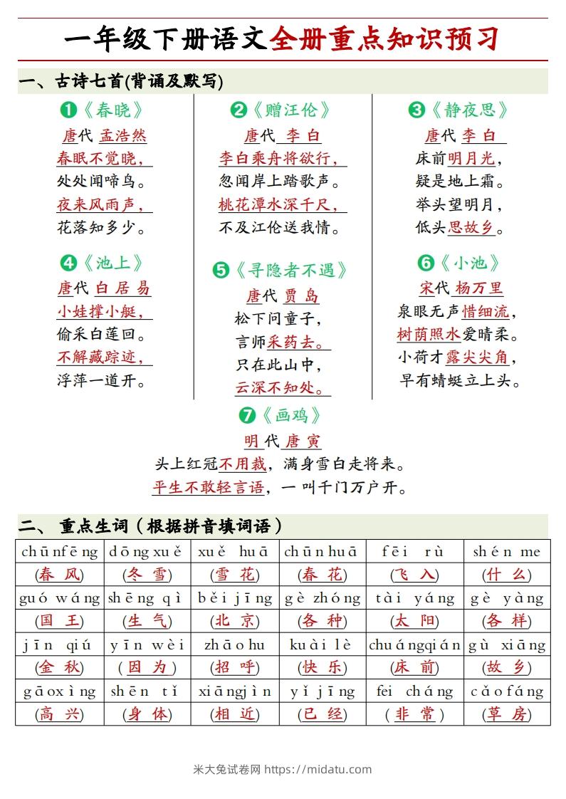 1.27一年级下册语文全册重点知识预习汇总-米大兔试卷网