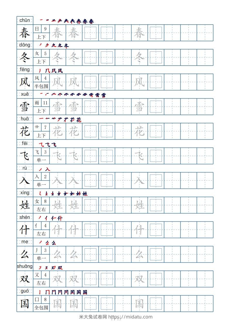 一年级下册生字表200个，字帖17页（偏旁部首笔顺拼音）-米大兔试卷网