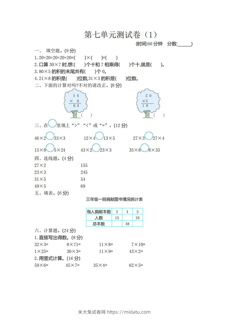 二（下）青岛版数学第七单元检测卷.1（54制）-米大兔试卷网