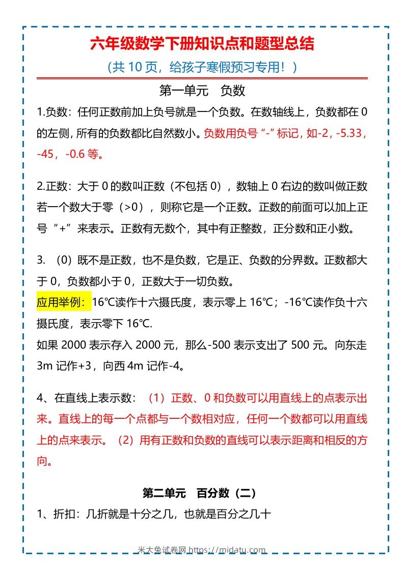 六下数学知识点归纳-米大兔试卷网