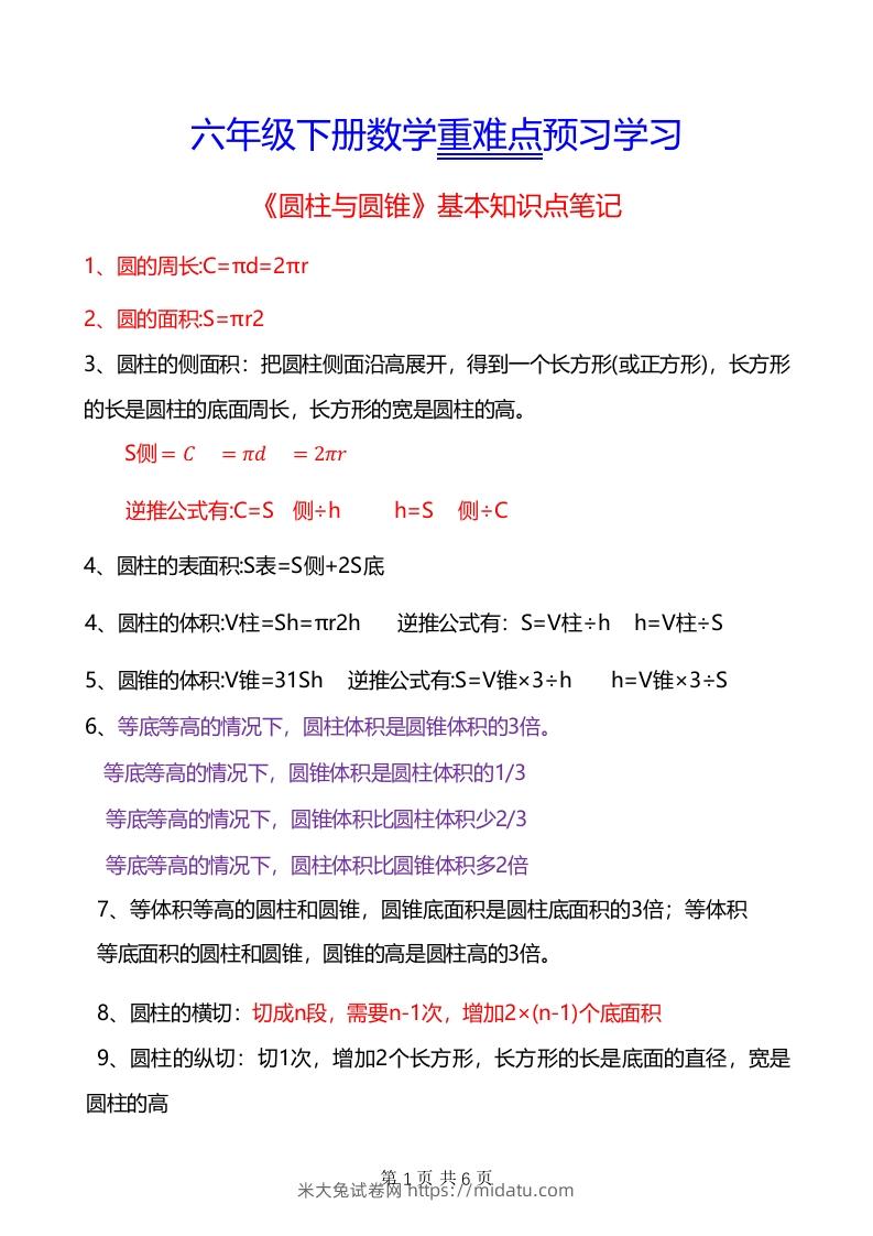 六年级下册数学重难点《圆柱与圆锥》-米大兔试卷网