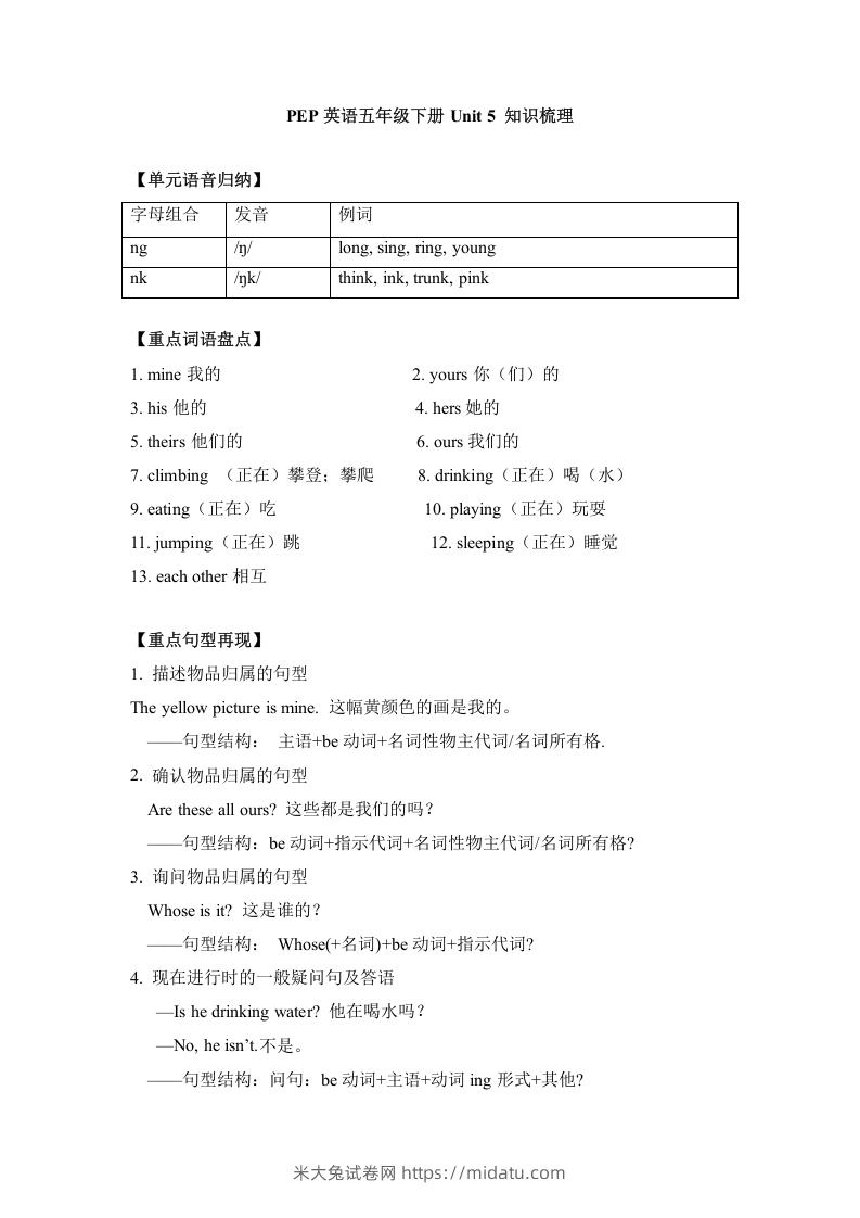 五年级英语下册单元知识梳理-Unit5Whosedogisit（人教PEP版）-米大兔试卷网