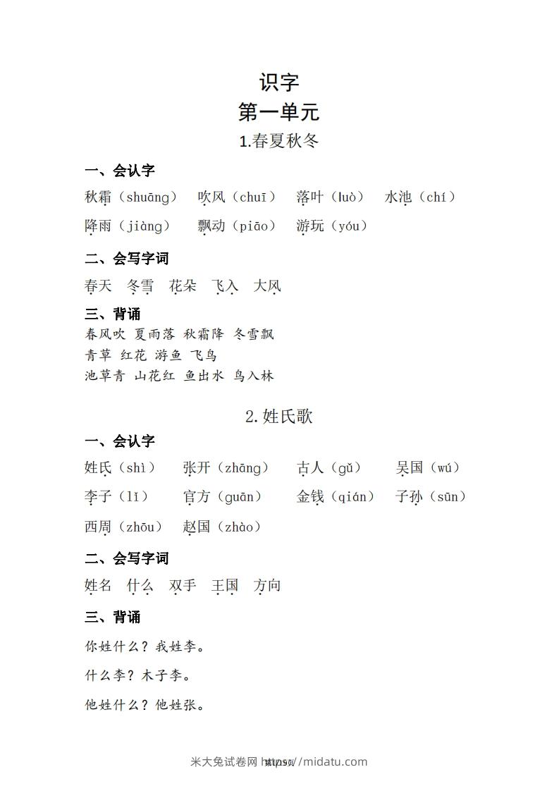 一年级（下册）知识清单-米大兔试卷网