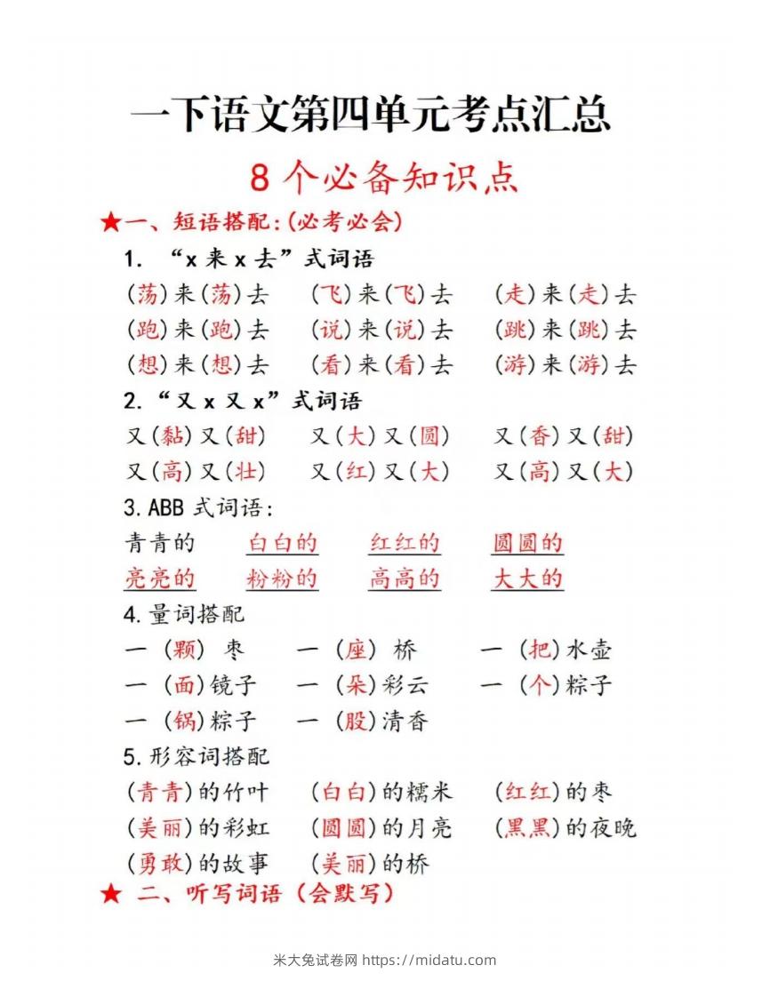 一下语文第四单元考点总结-米大兔试卷网