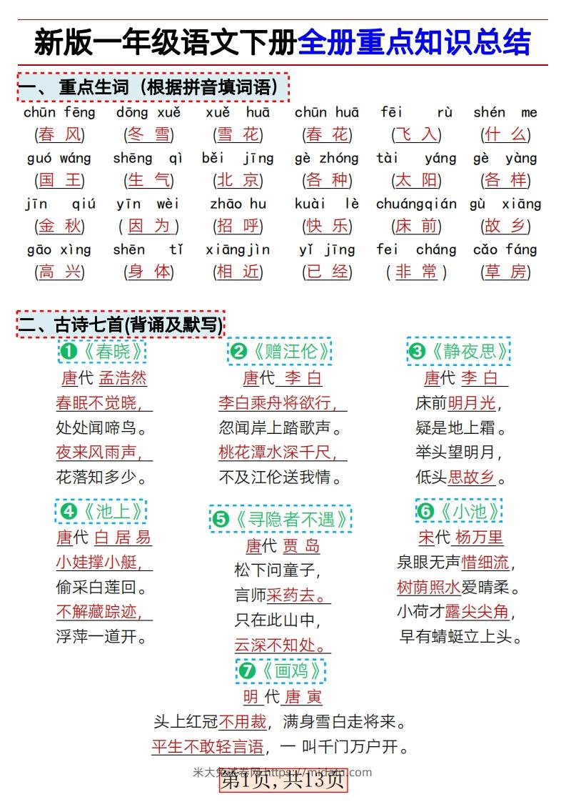 ★3.9新版一年级语文下册全册重点知识总结-米大兔试卷网