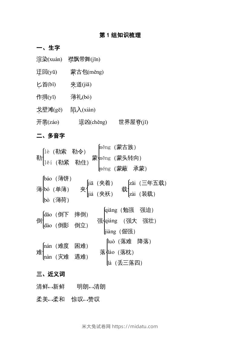 五年级语文下册专项知识梳理（部编版）-米大兔试卷网