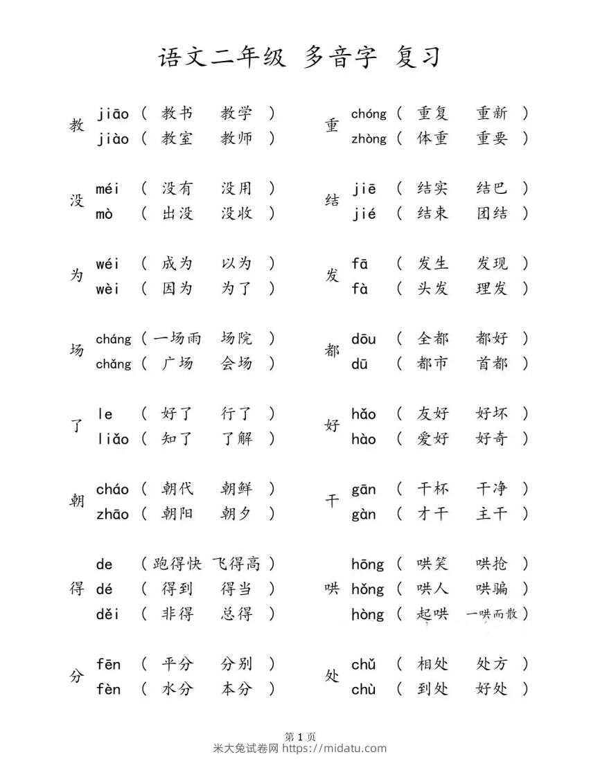 二下语文【多音字汇总归纳】-米大兔试卷网