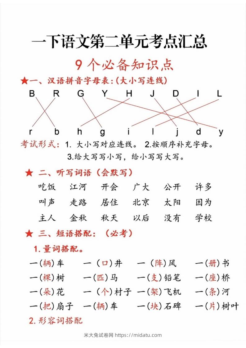 一年级语文下册第二单元考点-米大兔试卷网