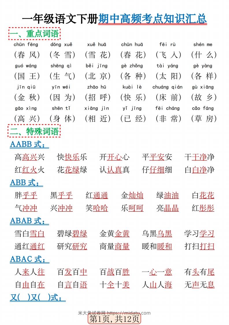 一年级语文下册期中高频考点知识汇总(1)(2)-米大兔试卷网