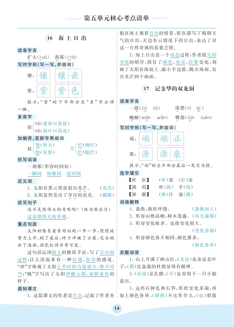 四年级语文下册第五单元核心考点清单-米大兔试卷网