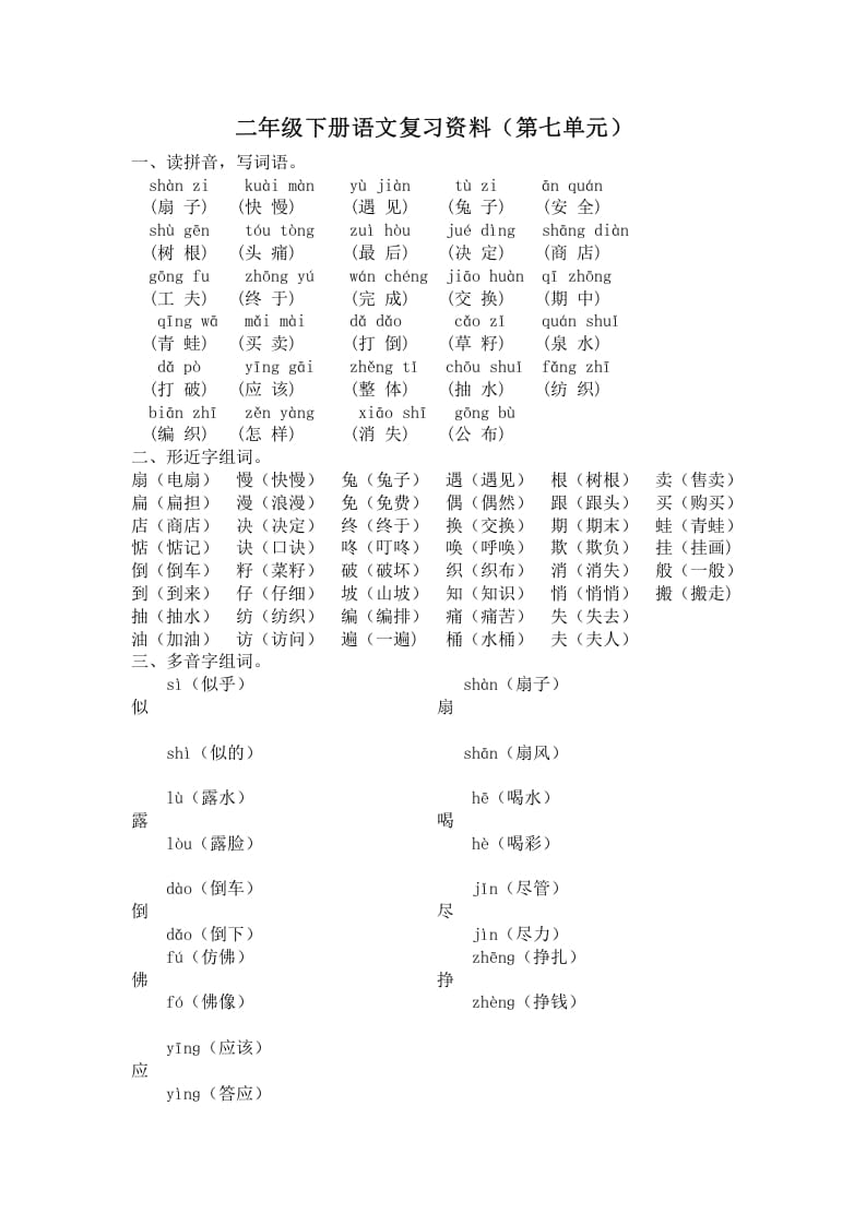 二年级语文下册第七单元复习资料-米大兔试卷网