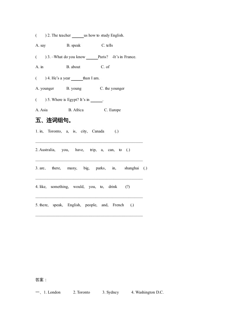 图片[2]-六年级英语上册Unit2AroundtheWorldLesson1同步练习3（人教版一起点）-米大兔试卷网