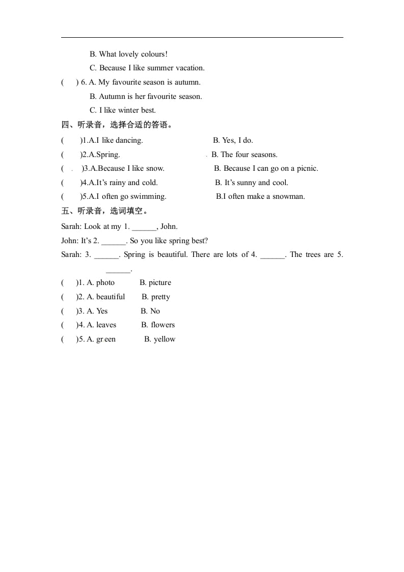 图片[2]-五年级数学下册英语同步听力训练-Unit2MyfavouriteseasonPartB人教PEP版-米大兔试卷网