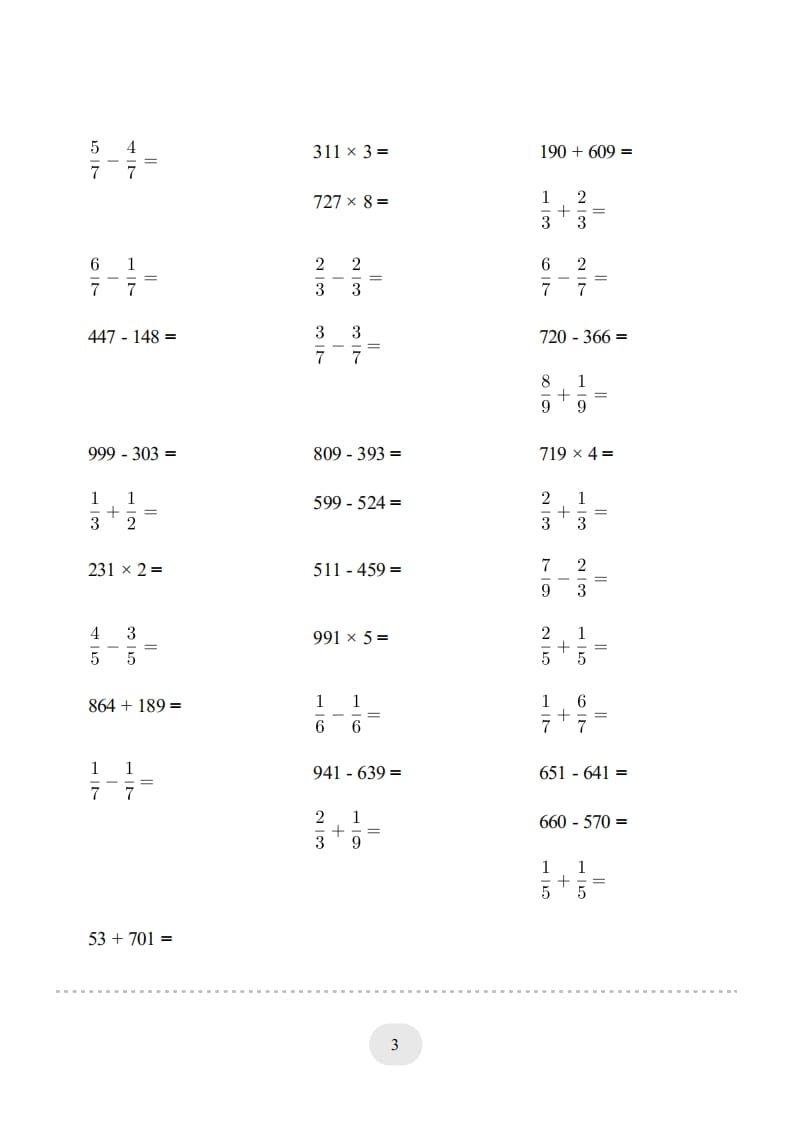 图片[3]-三年级数学上册口算题(【总复习】)1000题（人教版）-米大兔试卷网