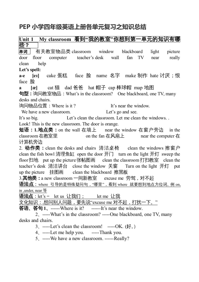 四年级英语上册期末知识点（人教PEP）-米大兔试卷网