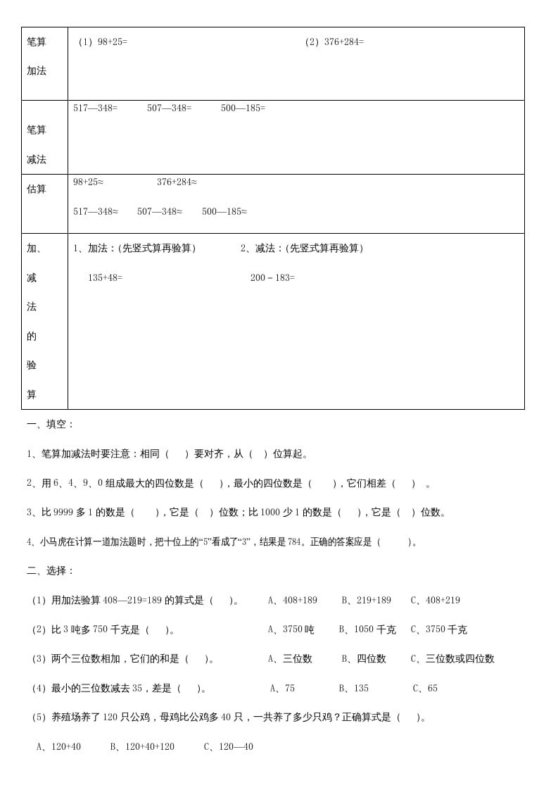 三年级数学上册第二单元_万以内的加法和减法_知识要点及复习题[1]（人教版）-米大兔试卷网