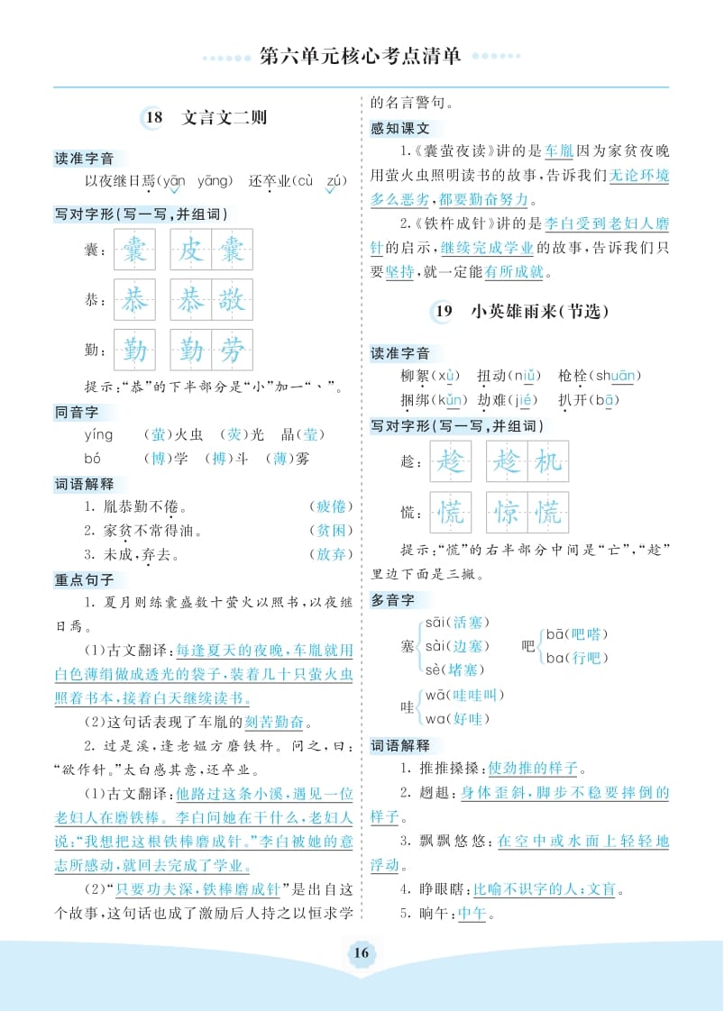 四年级语文下册第六单元核心考点清单-米大兔试卷网