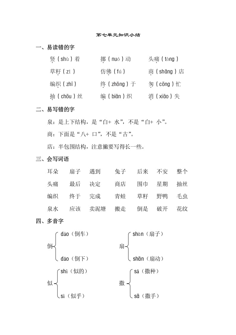 二年级语文下册第七单元知识点梳理-米大兔试卷网