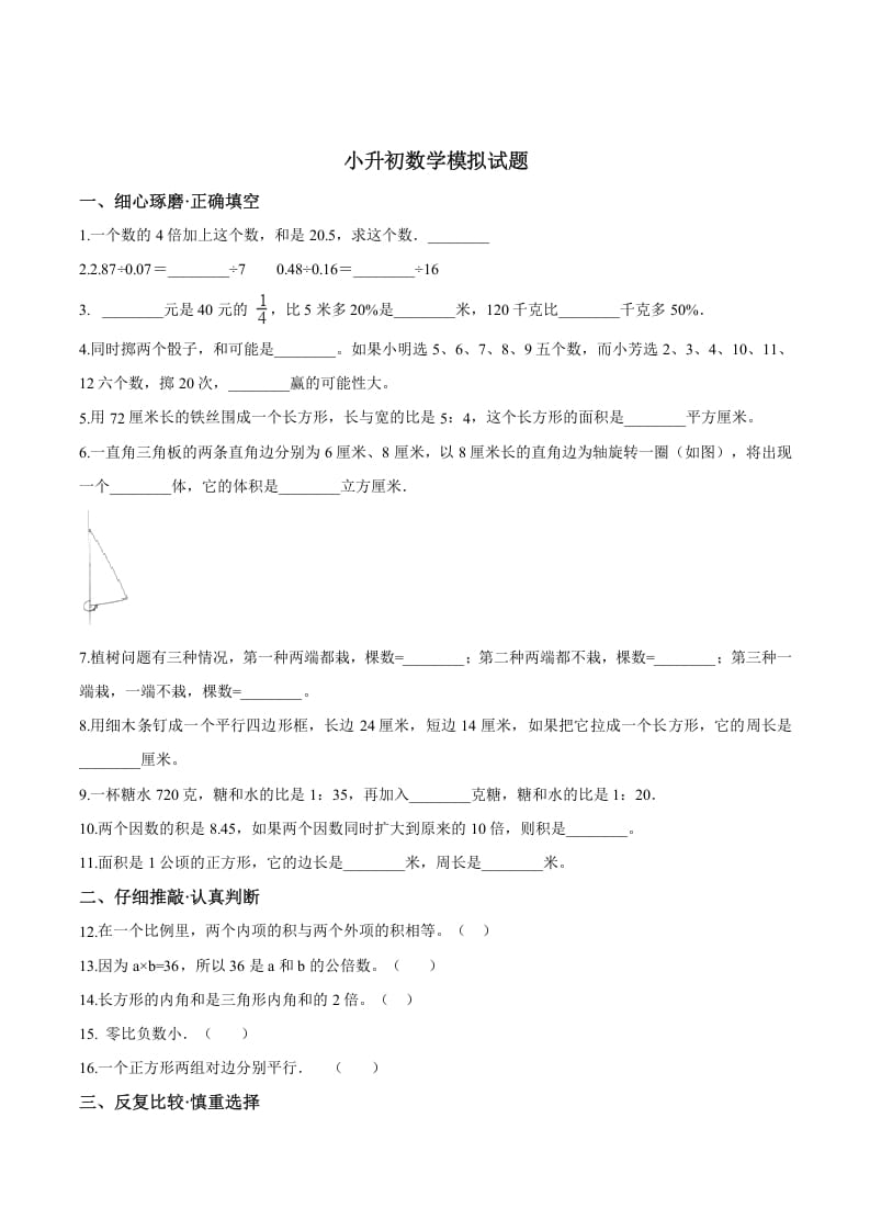 六年级数学下册小升初模拟试题（19）苏教版（含解析）-米大兔试卷网