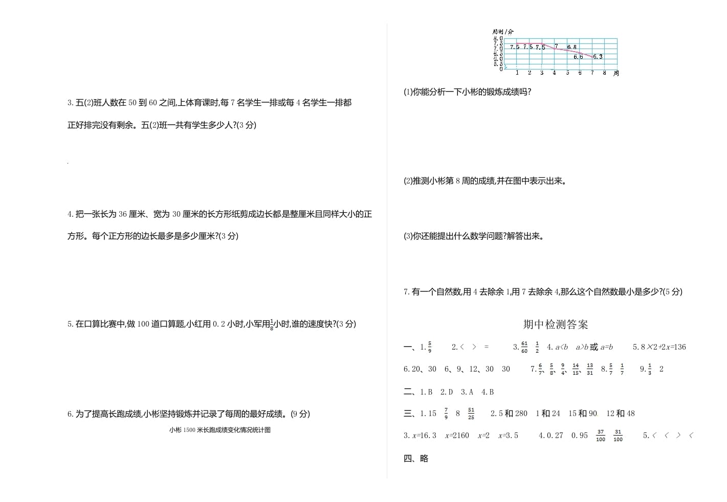 图片[3]-五年级数学下册苏教版下学期期中测试卷1-米大兔试卷网