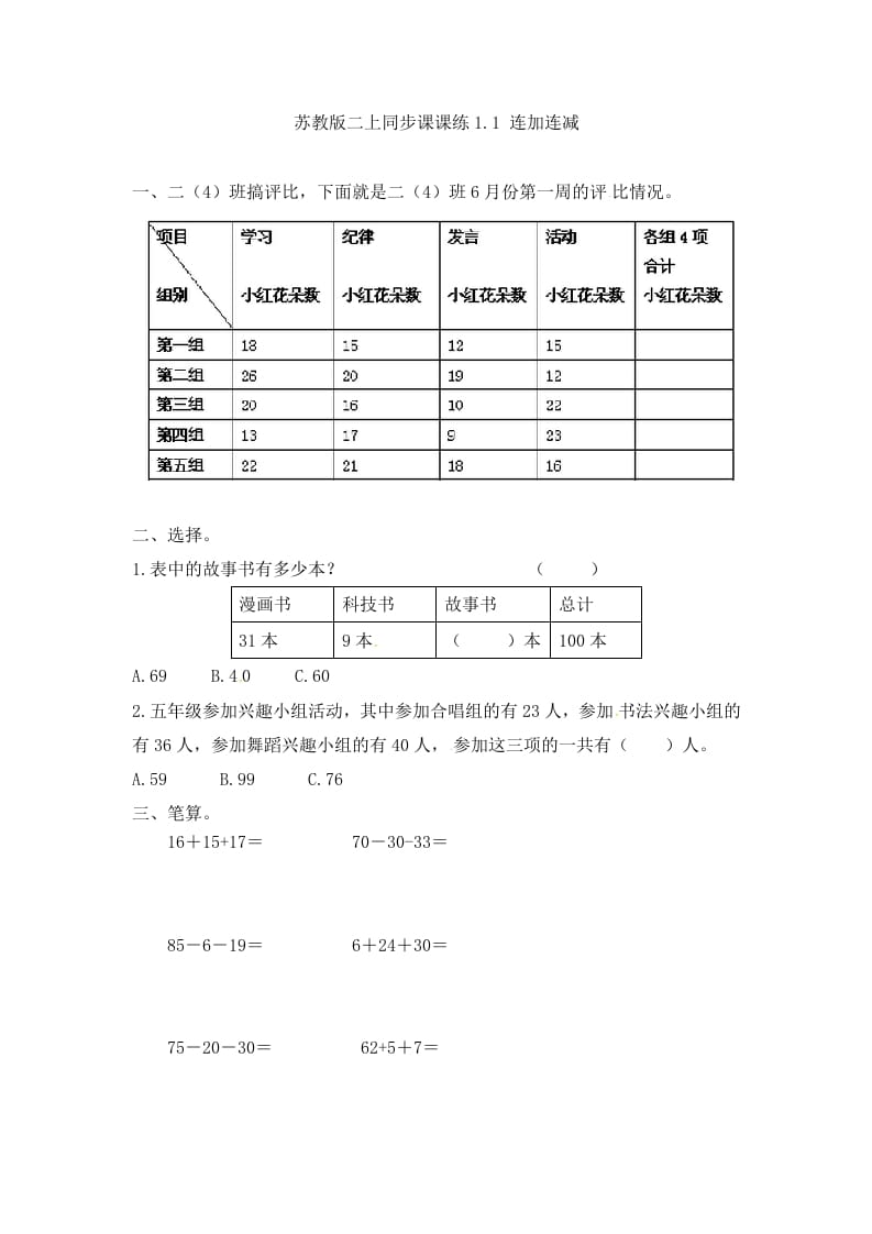 二年级数学上册1.1连加连减-（苏教版）-米大兔试卷网