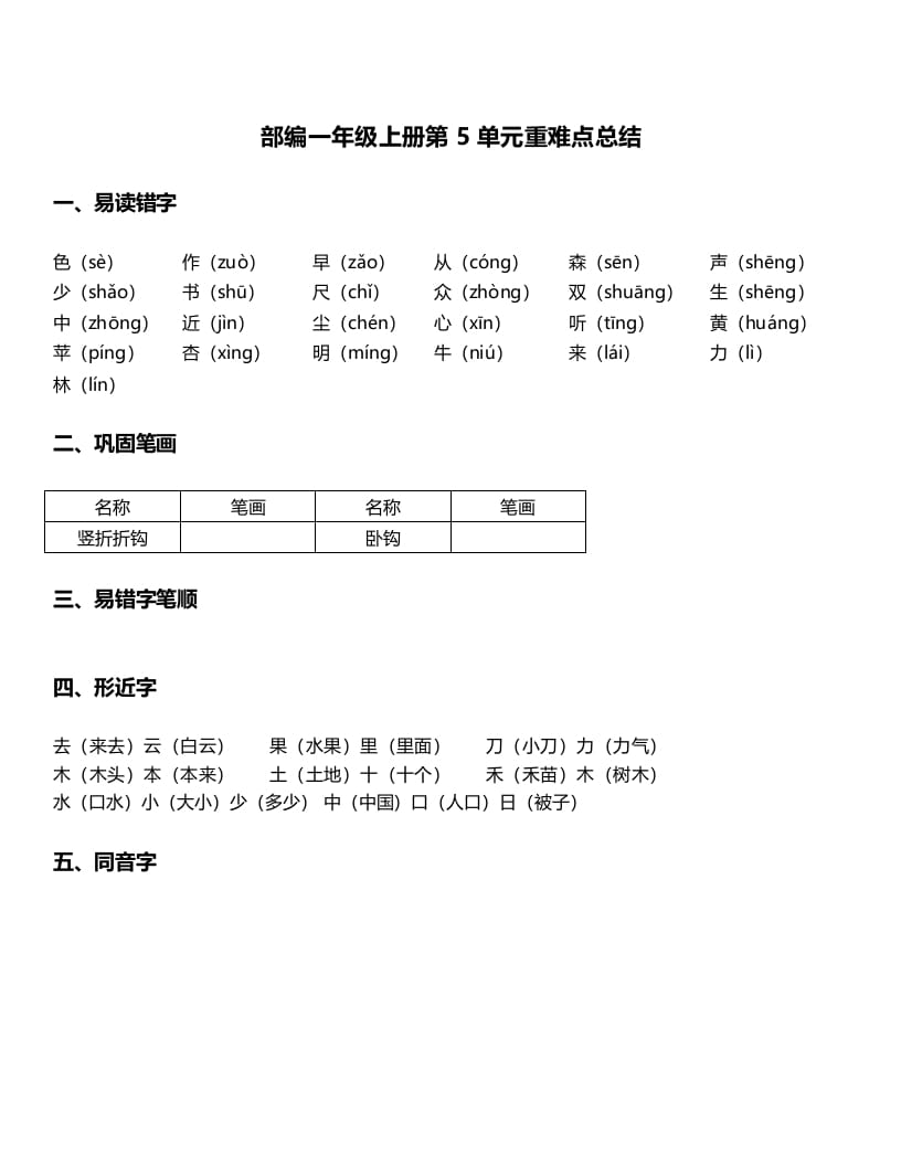 一年级语文上册-第5单元重难点知识总结（部编版）-米大兔试卷网