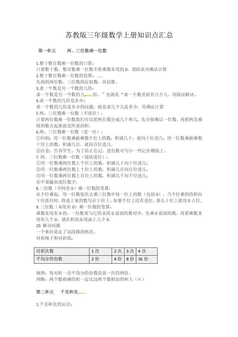 三年级数学上册知识点汇总（苏教版）-米大兔试卷网