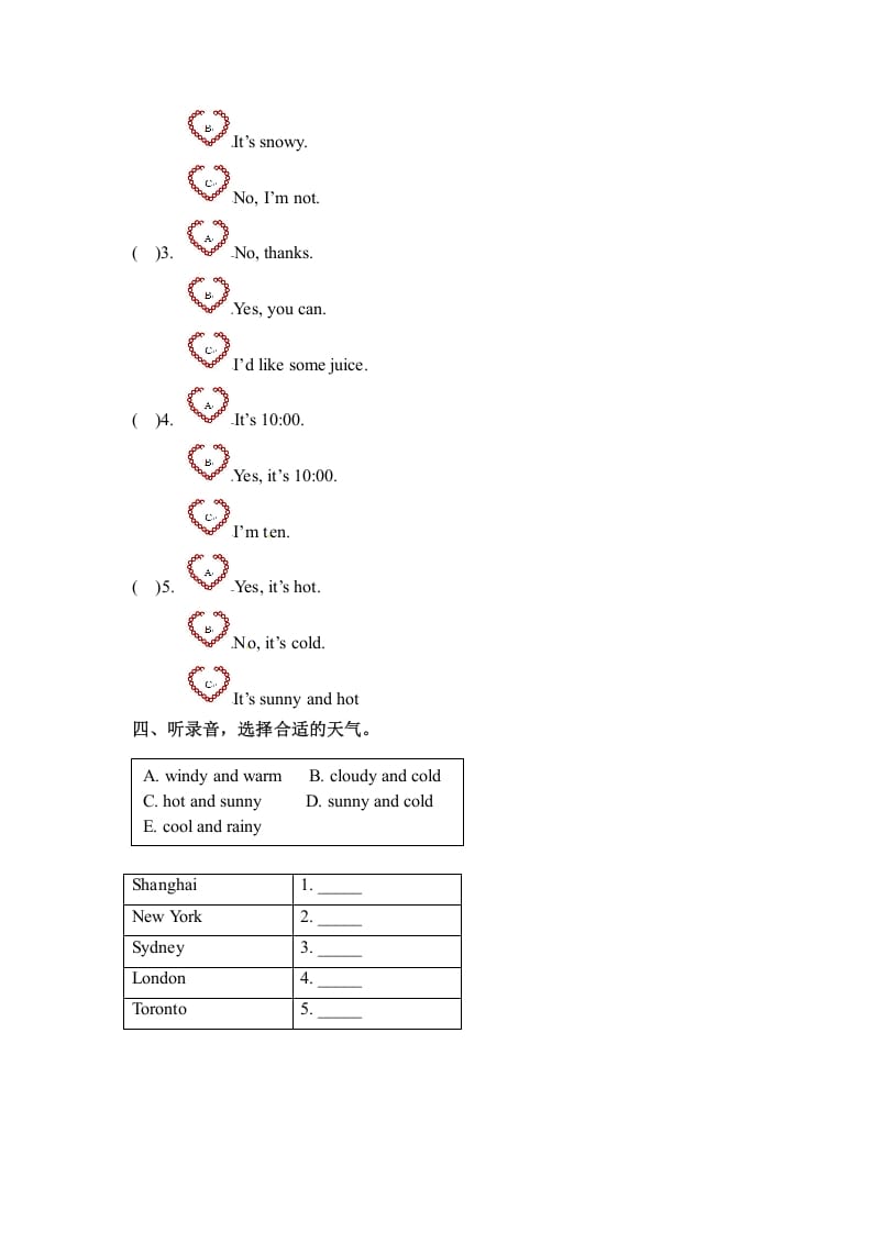 图片[2]-四年级英语下册Unit3WeatherPartB同步听力训练人教PEP版-米大兔试卷网