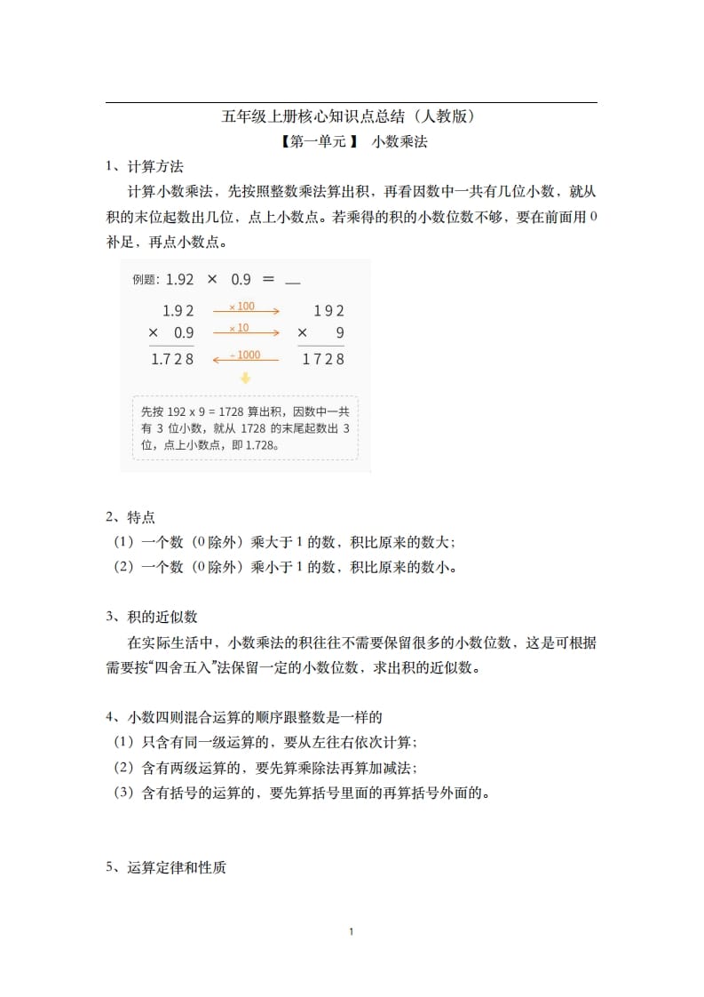 五年级数学上册-核心知识点总结（人教版）-米大兔试卷网