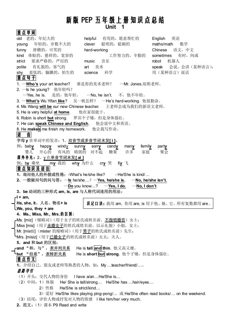 五年级英语上册PEP五年级英语知识点总结（人教版PEP）-米大兔试卷网