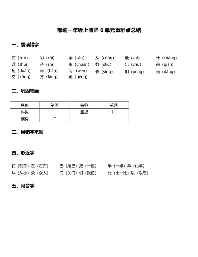 一年级语文上册-第6单元重难点知识总结（部编版）-米大兔试卷网