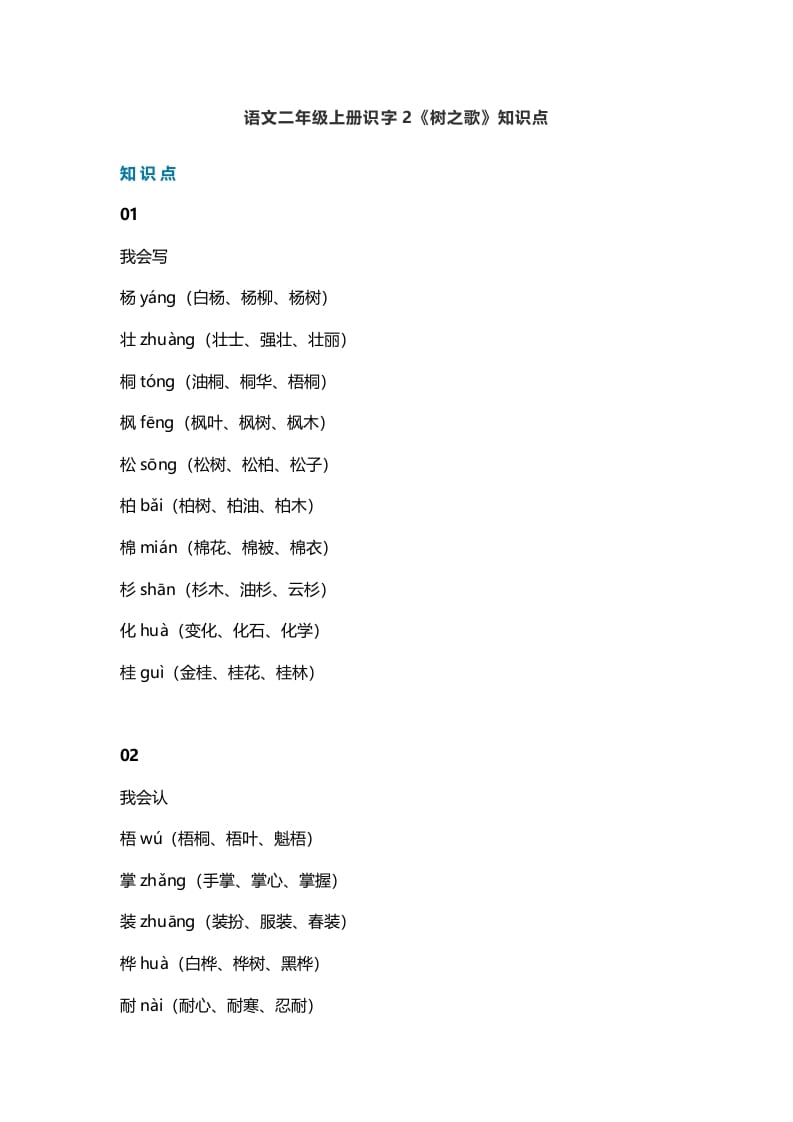 二年级语文上册5识字2《树之歌》知识点（部编）-米大兔试卷网