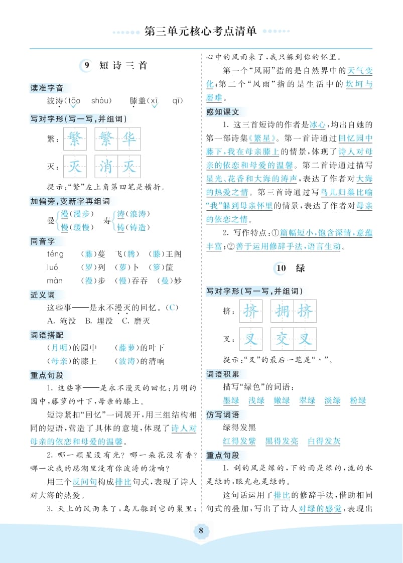 四年级语文下册第三单元核心考点清单-米大兔试卷网