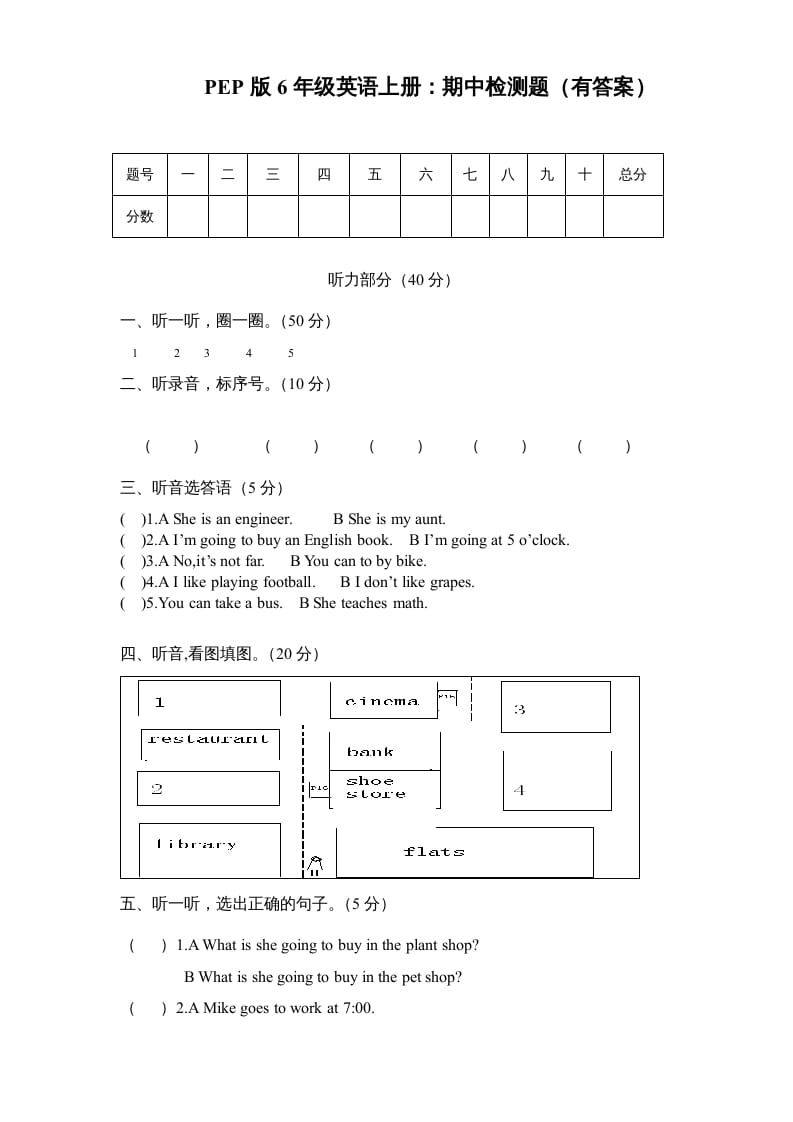 六年级英语上册期末测试卷3（人教版PEP）-米大兔试卷网