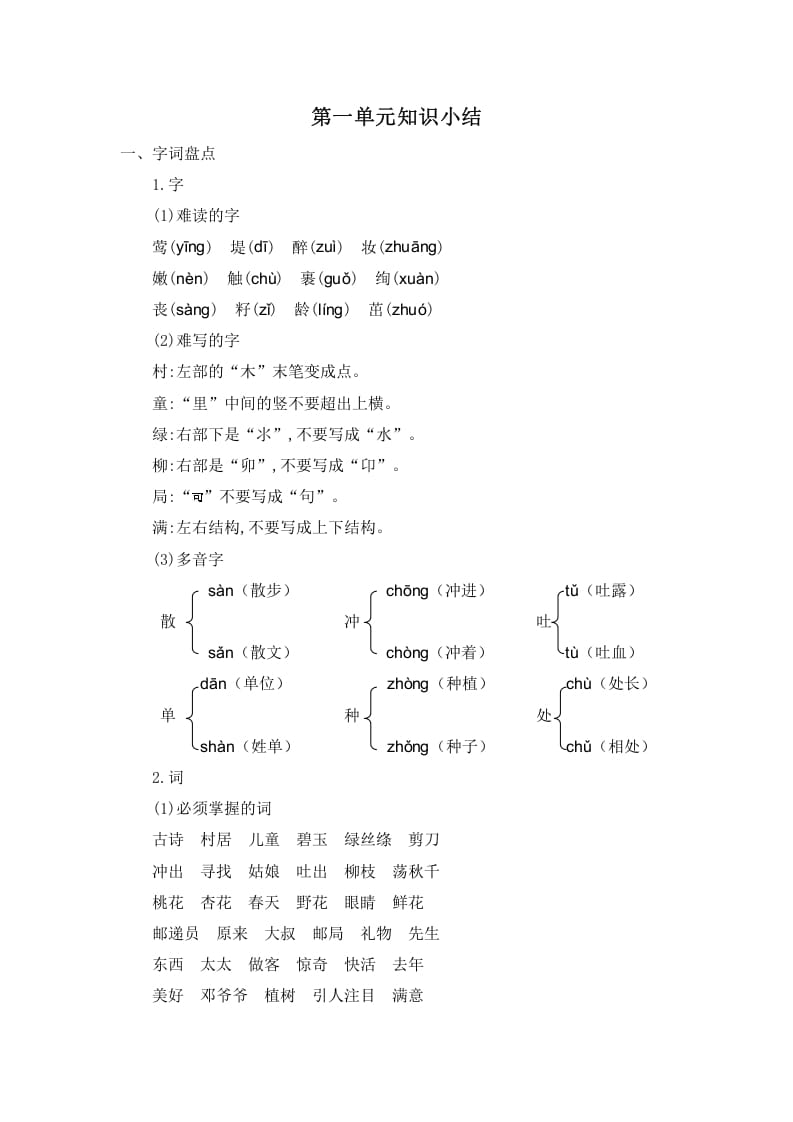 二年级语文下册第一单元知识小结-米大兔试卷网