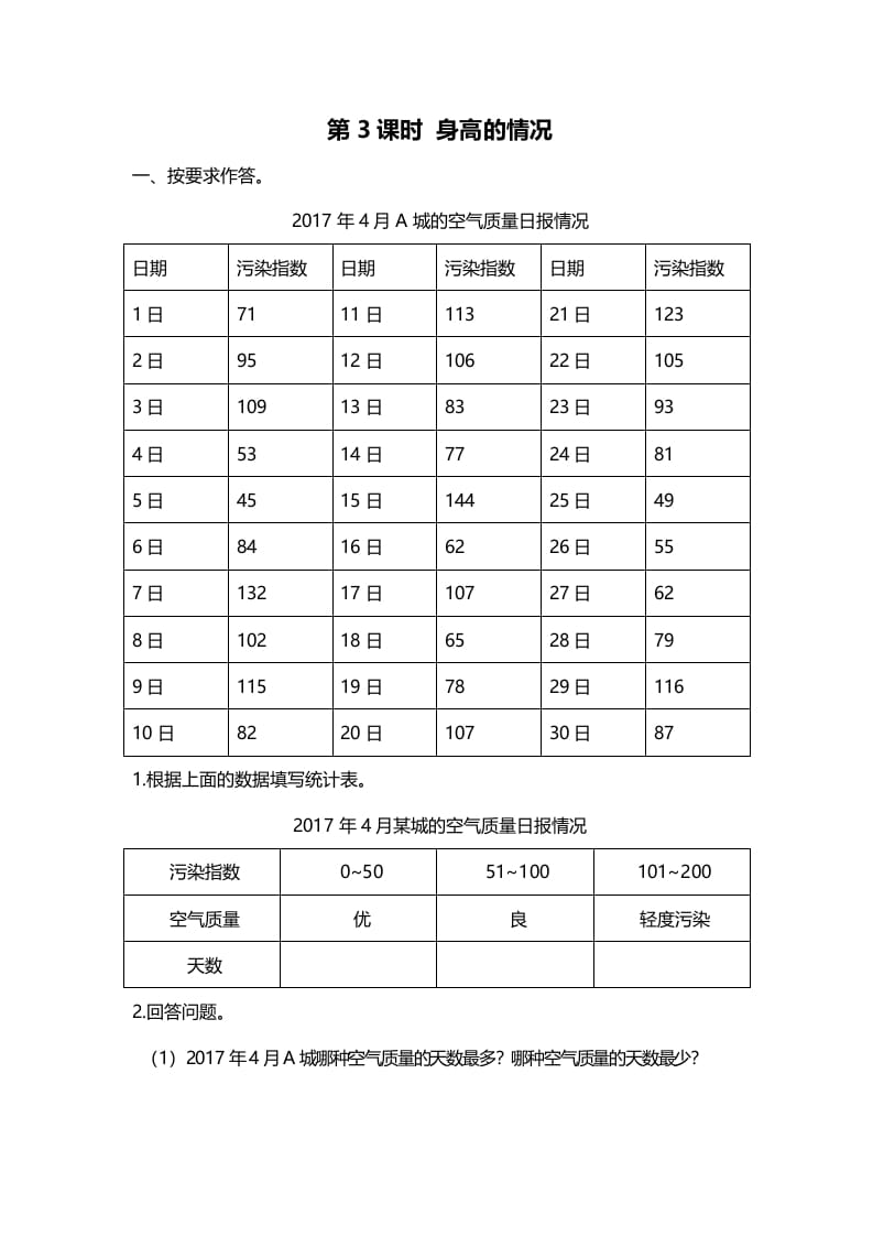 六年级数学上册第3课时身高的情况（北师大版）-米大兔试卷网