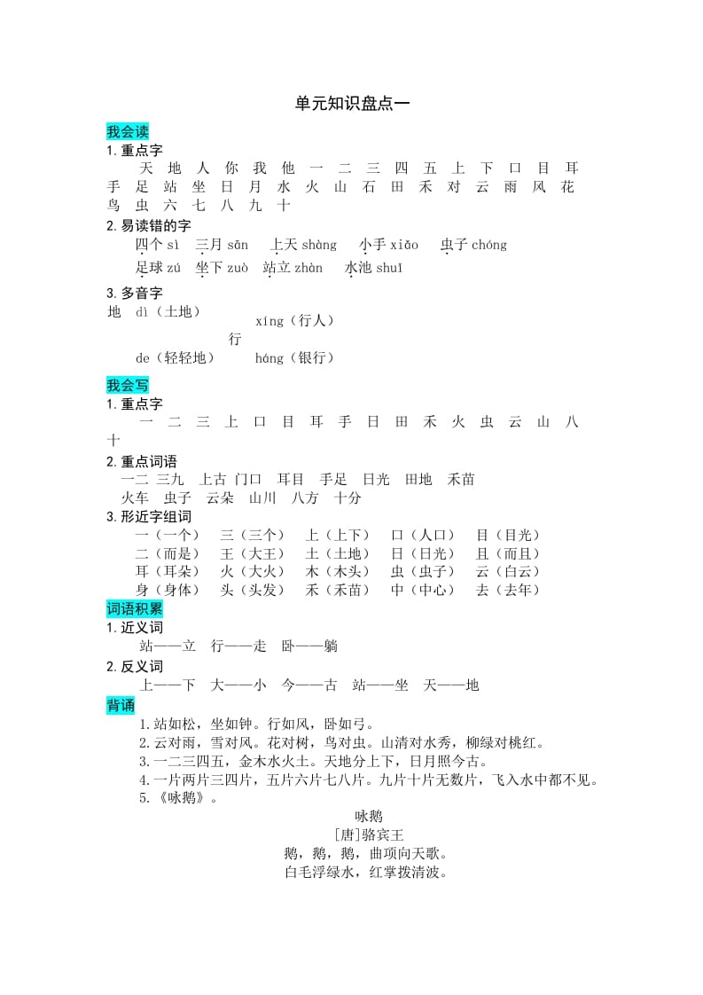 一年级语文上册第单元知识盘点（部编版）-米大兔试卷网