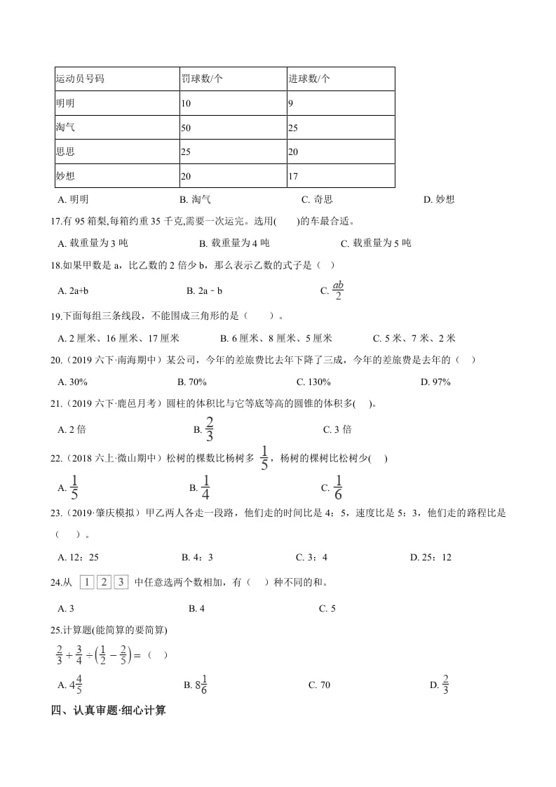 图片[2]-六年级数学下册小升初模拟试题（21）苏教版（含解析）-米大兔试卷网