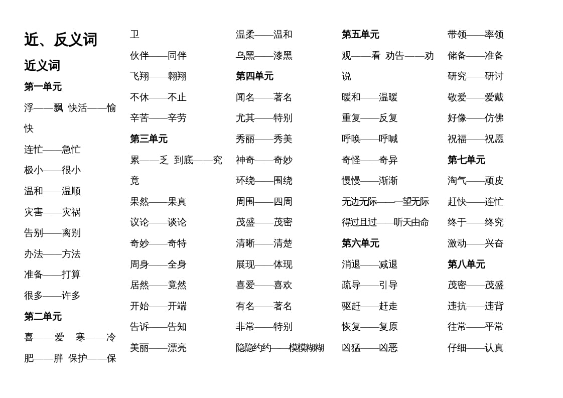 二年级语文上册近反义词汇总（部编）-米大兔试卷网