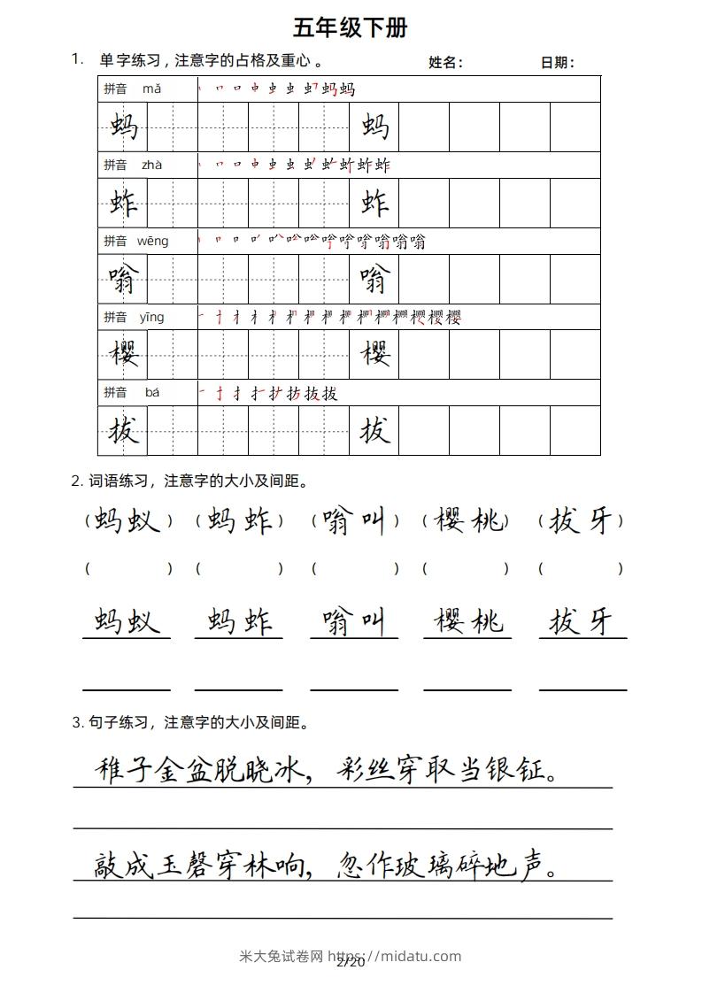 图片[2]-5年级下楷书-米大兔试卷网