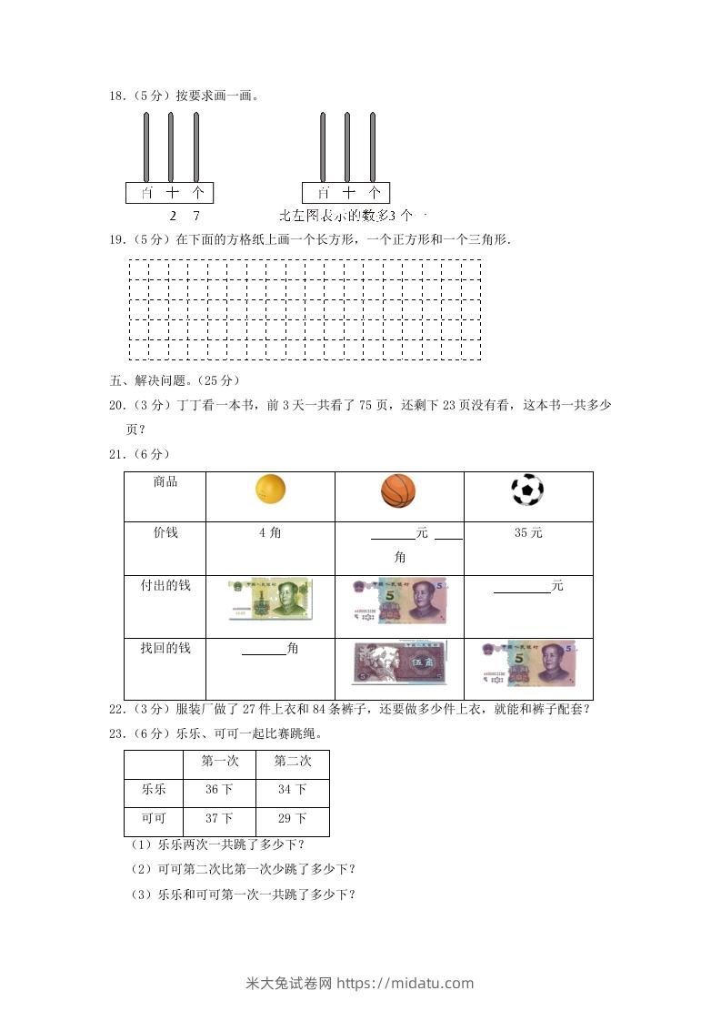 图片[3]-2021-2022学年江苏省苏州市太仓市一年级下学期数学期末试题及答案(Word版)-米大兔试卷网