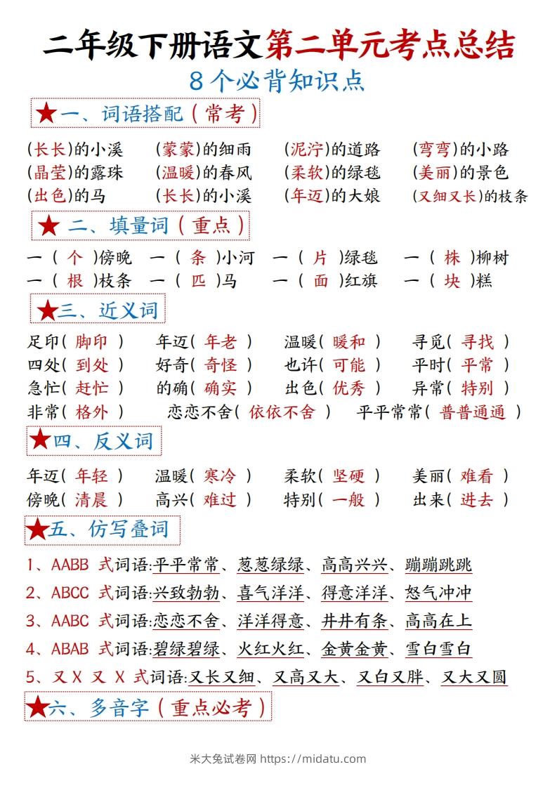 图片[3]-二下语文1一8单元8个必背考点汇总-米大兔试卷网