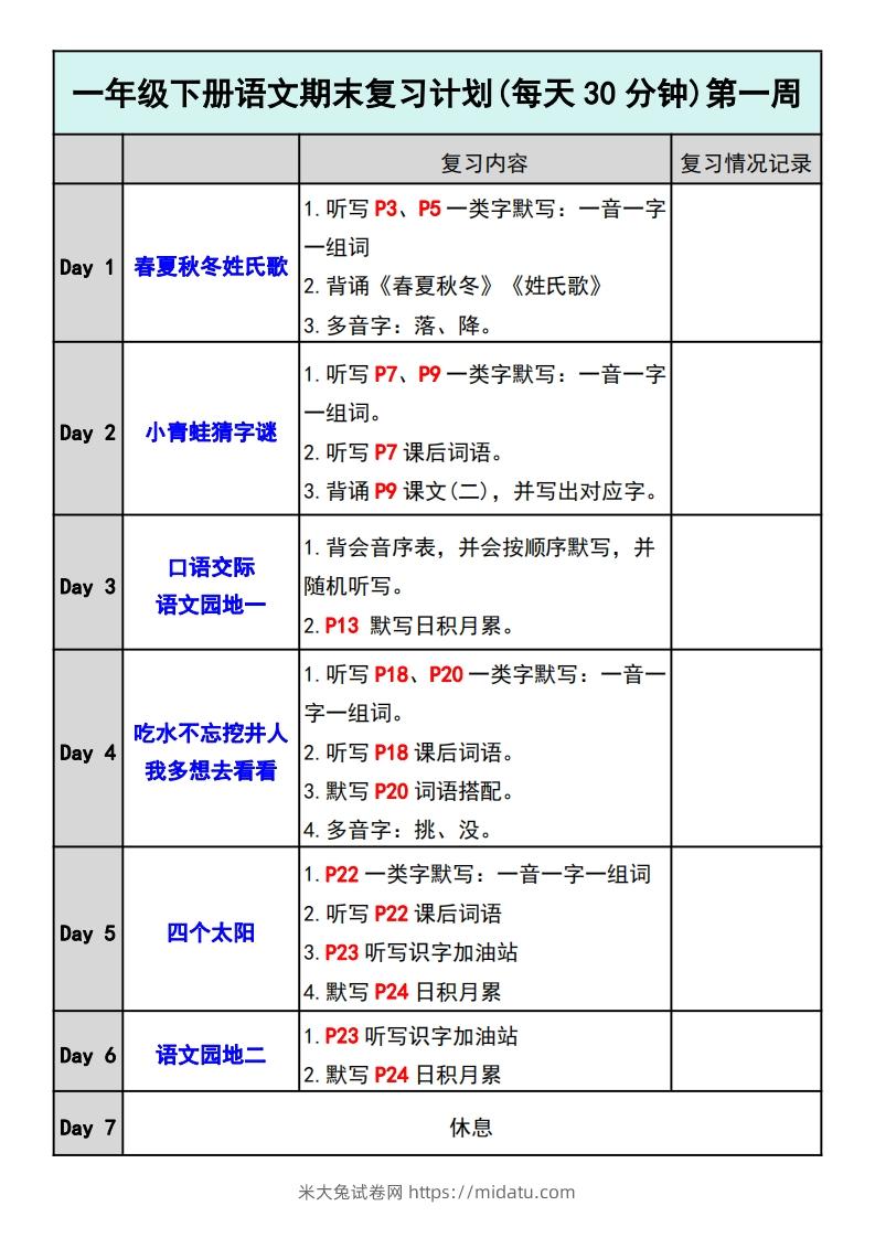 —年级下册语文期末复习计划-米大兔试卷网