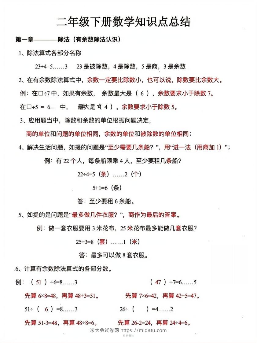 数学二年级下册必背知识点汇总-米大兔试卷网