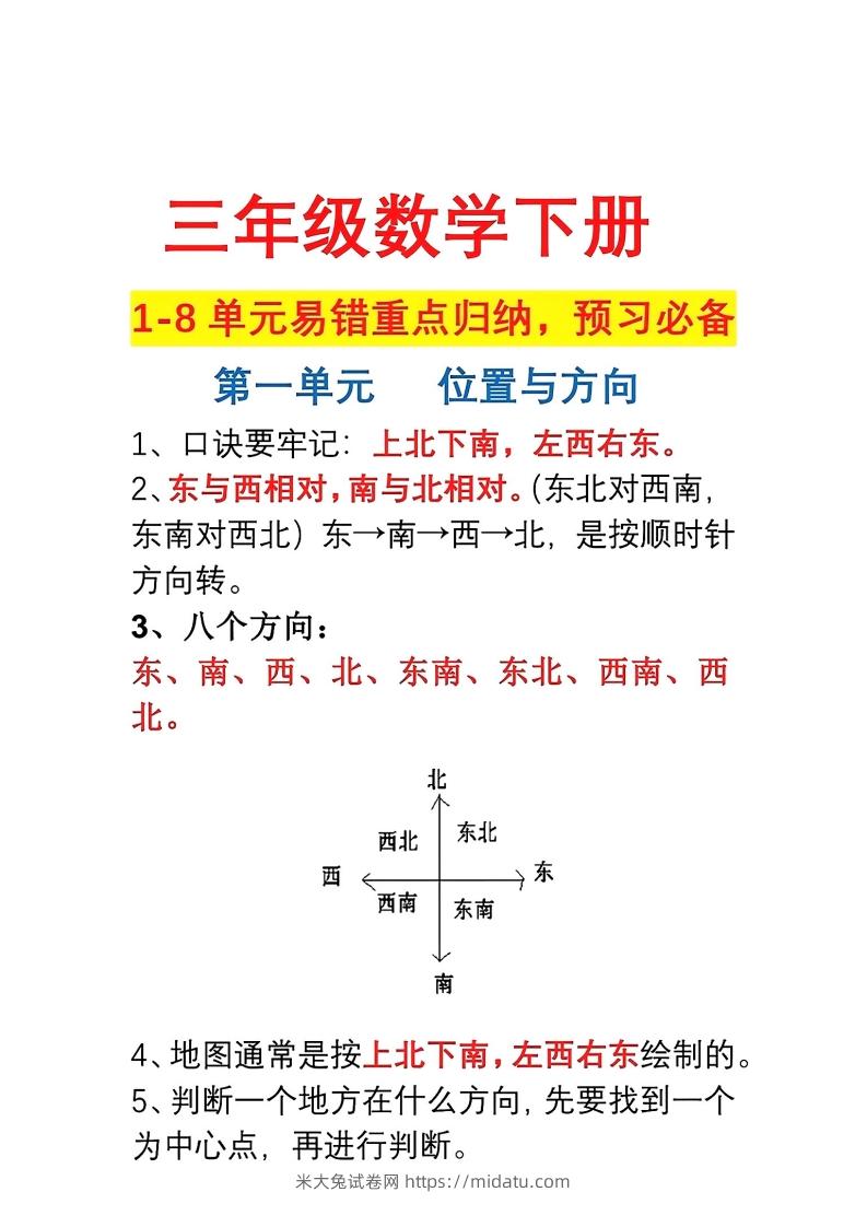 三年级数学下册1-8单元易错重点归纳-米大兔试卷网