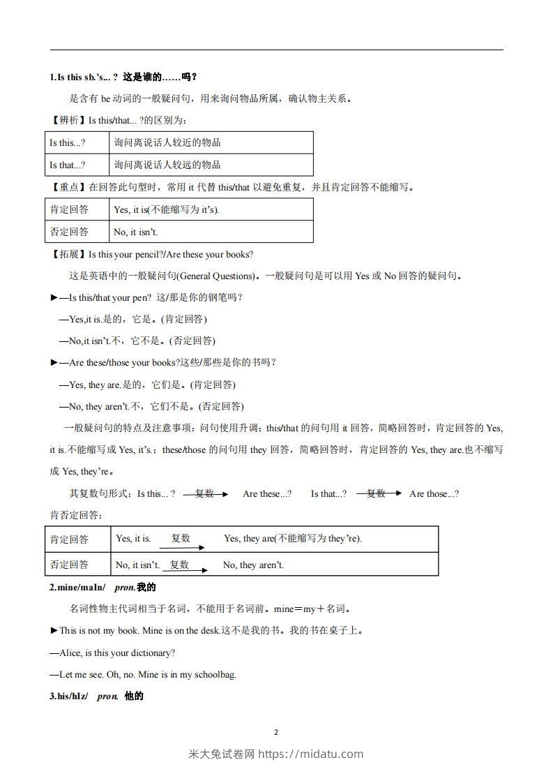 图片[2]-人教版英语七年级上Unit3Isthisyourpencil？知识点_-米大兔试卷网